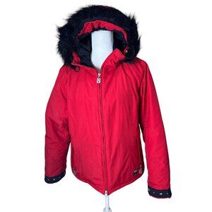 Women's Bold Red Ski Jacket with Faux Fur Hood